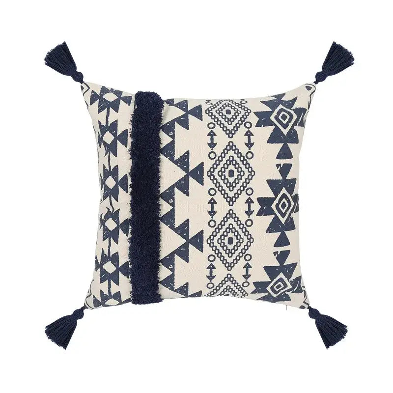 Cream-colored ethnic geometric printed cushion cover with navy blue patterns tassels and central vertical fringe for living room decorbites ethnic geometric