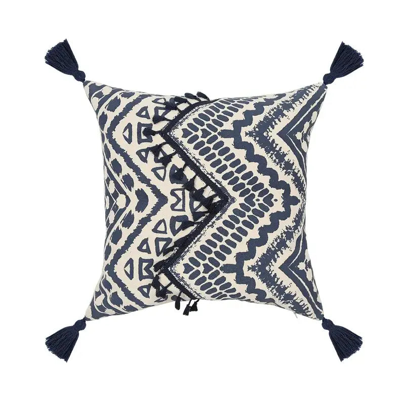 Square cushion cover with ethnic geometric printed navy and cream pattern and tassels for living room decorbites decor