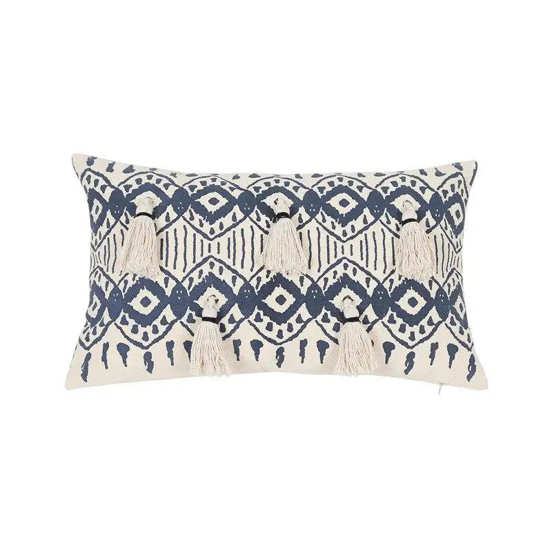 Cream-colored ethnic geometric printed cushion cover with navy blue patterns and tassels for living room decorbites decor