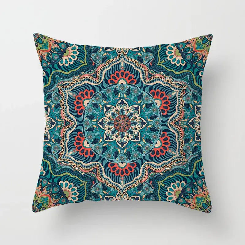 Ethnic geometric square pillowcase with vibrant teal coral and cream mandala design for decorbites geometric square decor