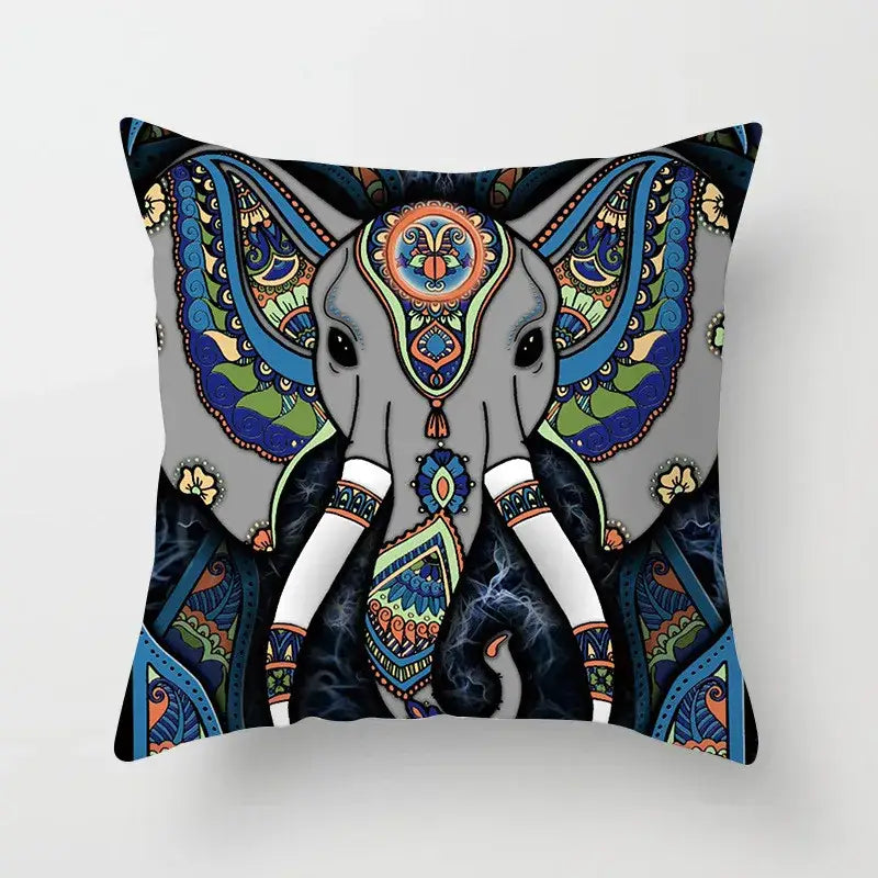 Ethnic geometric square pillowcase by decorbites featuring ornate elephant design in teal and gold for living room decor