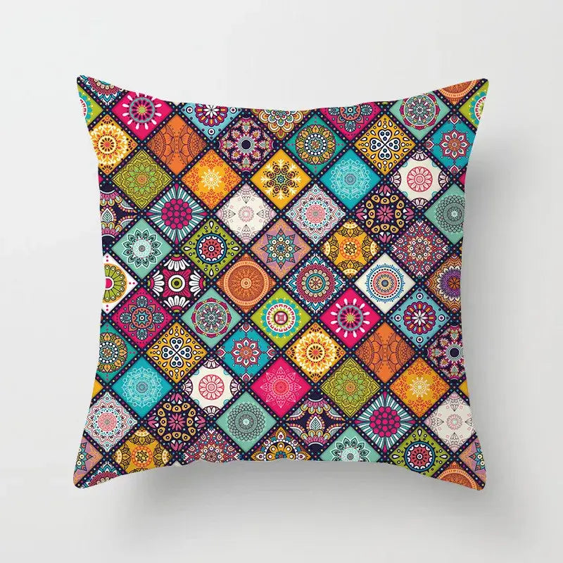 Ethnic geometric square pillowcase with vibrant mandala patchwork in teal gold for decorbites geometric square decor