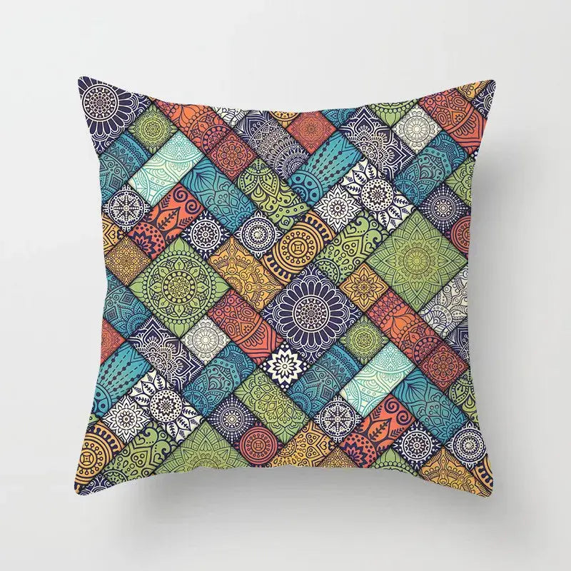 Ethnic decorbites geometric square pillowcase with colorful mandala patchwork in teal and gold for living room decor
