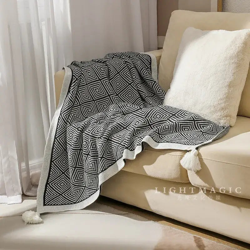 Black and white ethnic geometry knitted throw blanket with tassels for living room sofa decorbites geometry knitted blanket