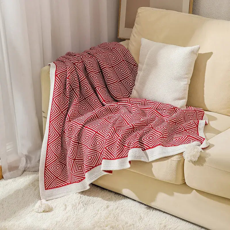 Red and white ethnic geometry knitted throw blanket with tassels for living room sofa decorbites ethnic geometry design