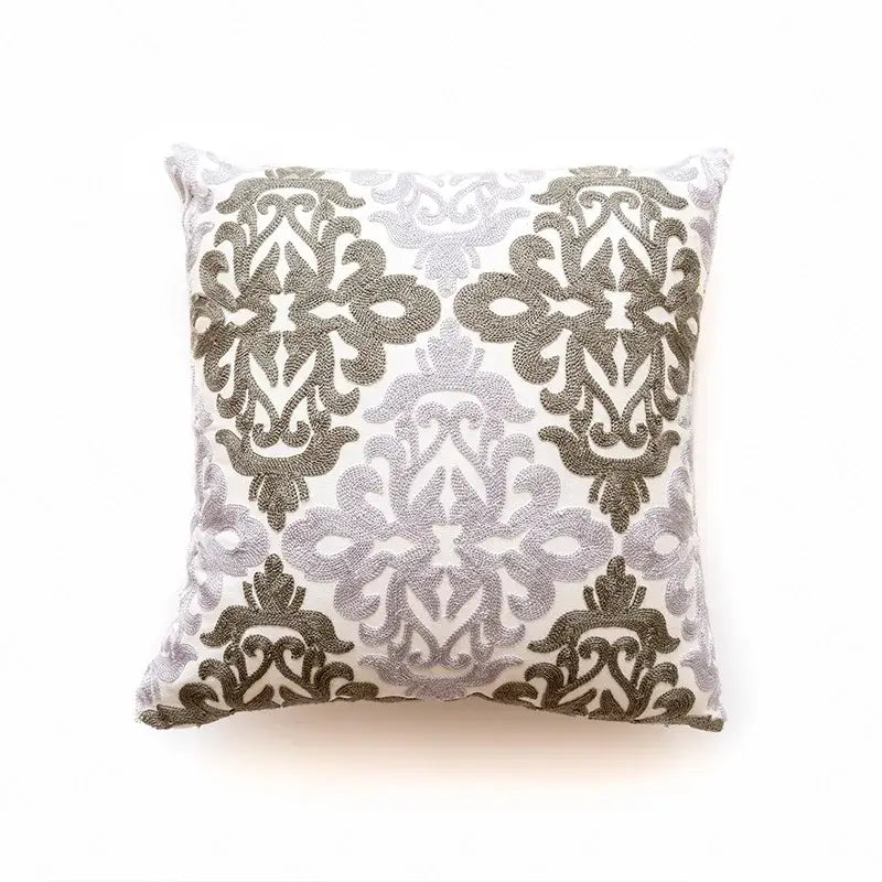 Square cushion cover with intricate gray and silver embroidered damask ethnic pattern on white fabric for living room decorbites decor