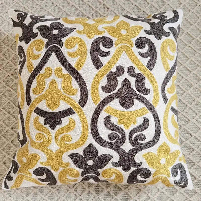 Ethnic pattern cushion cover with gold and black embroidered damask design on cream fabric for living room decorbites decor