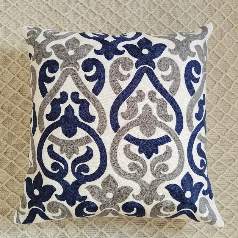 Ethnic pattern cushion square cream cushion cover with navy blue and gray embroidered damask decorbites ethnic pattern