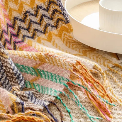 Ethnic wave woven tassel cozy multicolored zigzag knit scarf in mustard yellow pink mint green and navy blue with fringed edges
