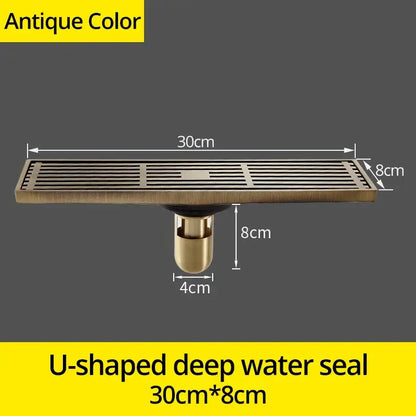 Antique brass floor drain with u-shaped deep water seal and slatted grate design decorbites euro antique brass model