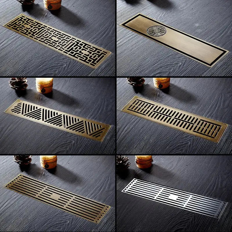 Brass rectangular floor drain with intricate geometric and floral patterns for bathroom shower use decorbites euro antique brass