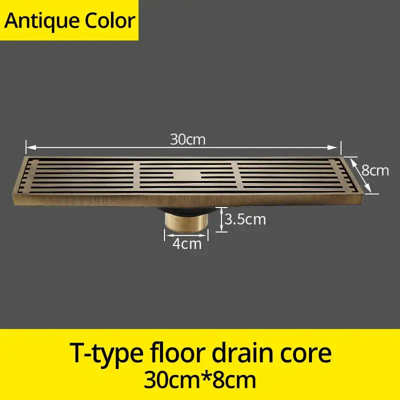 Euro antique brass floor drain with T-type core and rectangular slatted design 30cm by 8cm decorbites euro antique