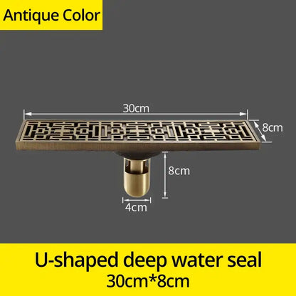 Euro antique brass floor drain with intricate geometric cutout and u-shaped deep water seal for bathroom shower use