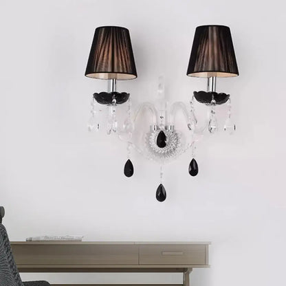 DecorBites™ European Black Crystal Wall Mount Sconce Light with Pleated Linen Shades