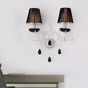 Elegant european black crystal wall sconce with pleated linen fluted shades for bedroom lighting