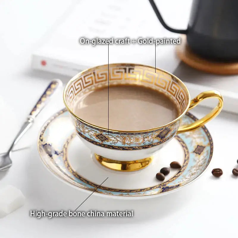 Elegant white porcelain bone china teacup with gold greek key and blue accents from decorbites tea set collection