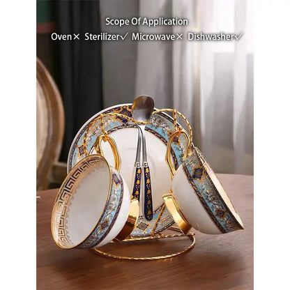 Elegant European blue and gold bone china tea set with ornate porcelain teacup, saucer, and golden spoon stand decorbites bone china