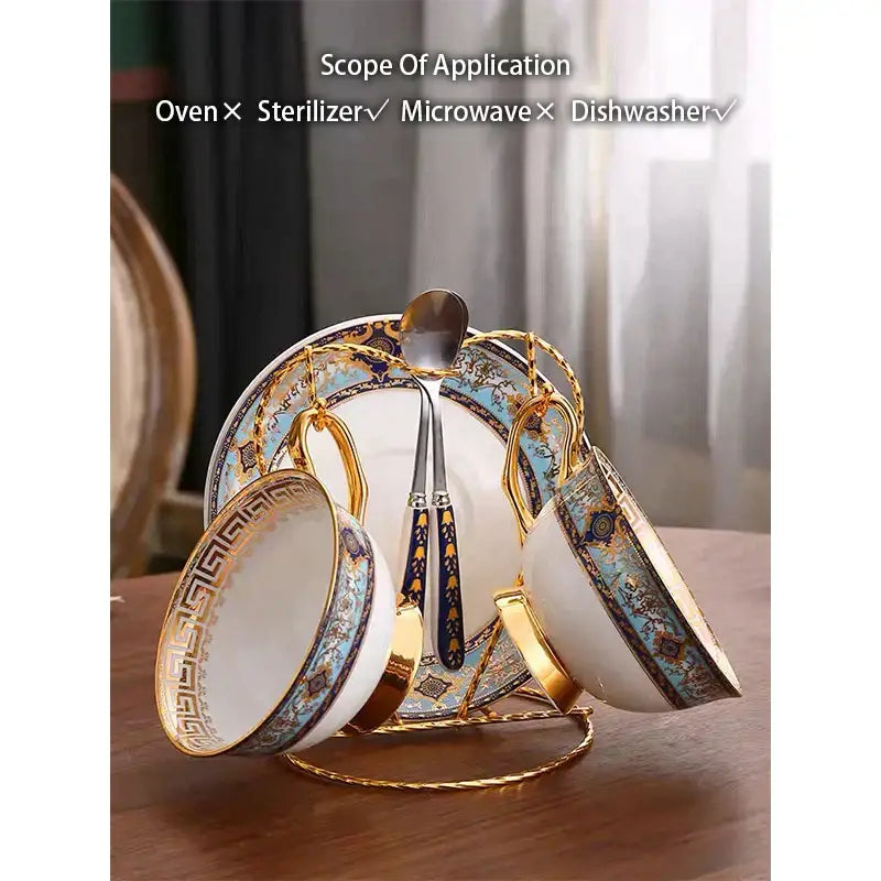 Elegant European blue and gold bone china tea set with ornate porcelain teacup, saucer, and golden spoon stand decorbites bone china