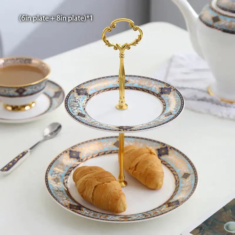 Gold-handled two-tiered european blue and gold bone china tea set with ornate white and blue porcelain plates by decorbites bone china