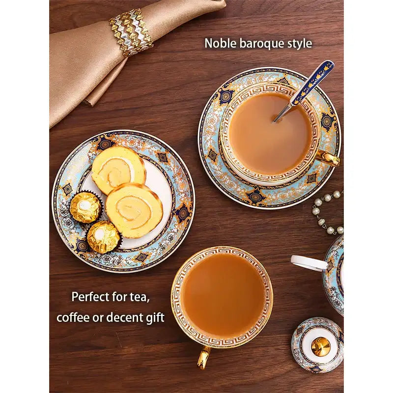 Elegant European blue and gold bone china tea set featuring intricate baroque decorbites bone china patterns