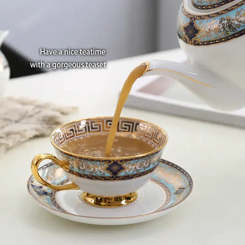 Elegant white bone china tea set featuring ornate blue and gold detailing from decorbites bone china collection