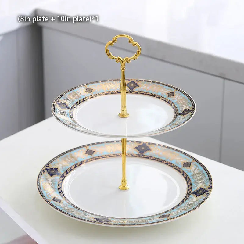 Elegant two-tiered bone china dessert stand with blue gold silver pattern and gold ornate handle for tea set decorbites