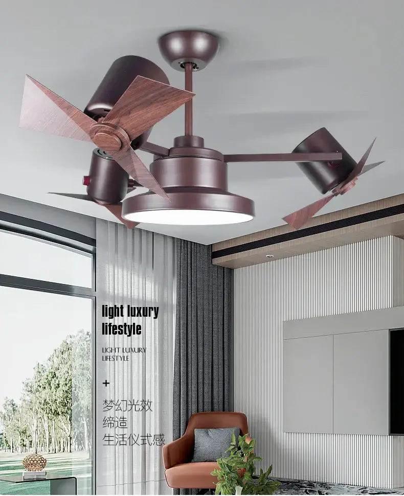 European bronze ceiling fan lamp with wooden blades and integrated lighting for bedroom use