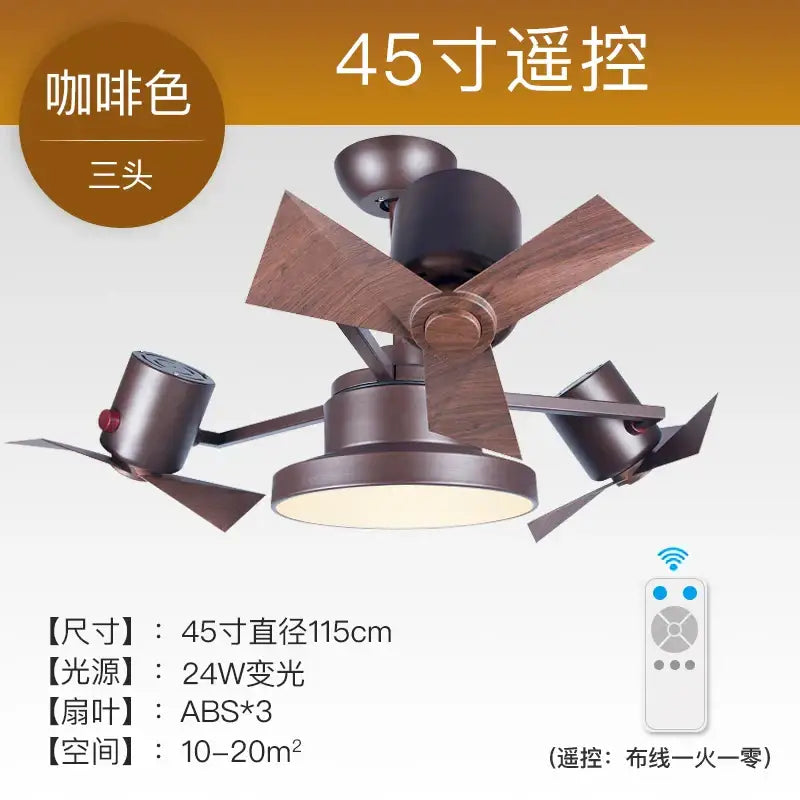 Coffee-colored 45-inch remote-controlled European bronze ceiling fan lamp with wooden blades and integrated LED lighting for bedroom
