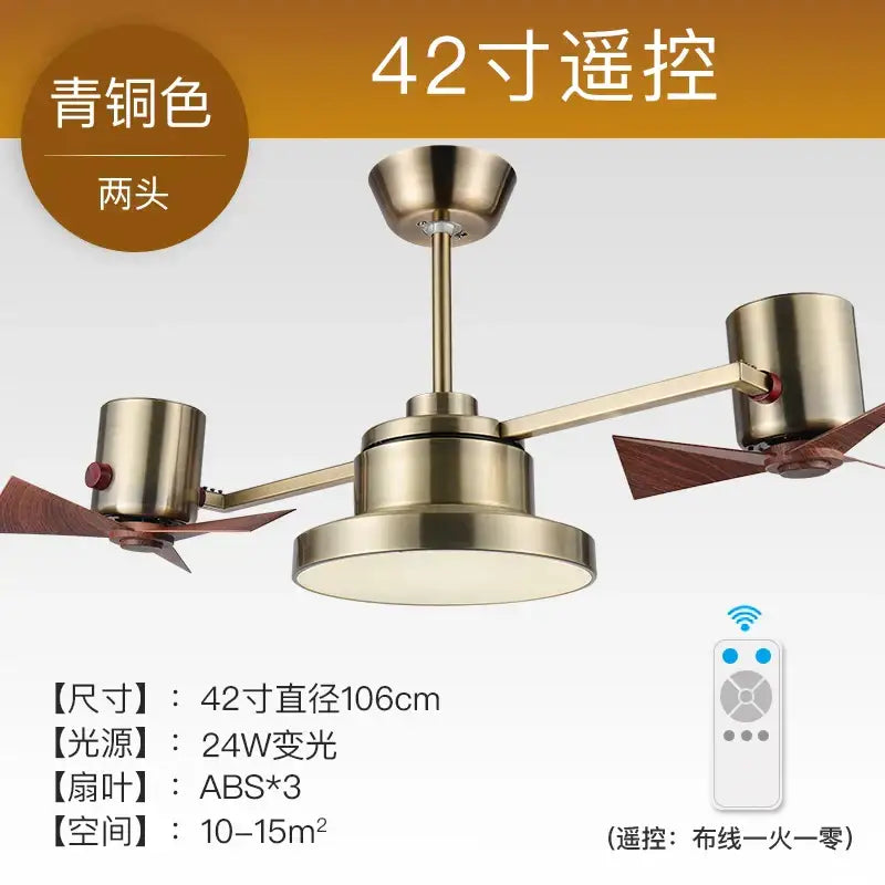 European bronze ceiling fan lamp with 42-inch wooden blades dual-headed design for bedroom lighting and air circulation