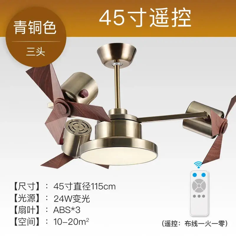 European bronze ceiling fan lamp with three heads, dark wood blades, and integrated lighting for bedroom use