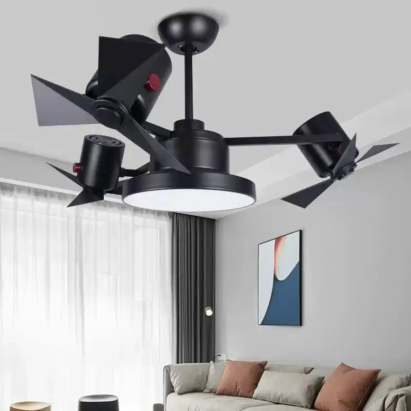 Black industrial-style ceiling fan lamp with wooden blades and adjustable lighting for bedroom use