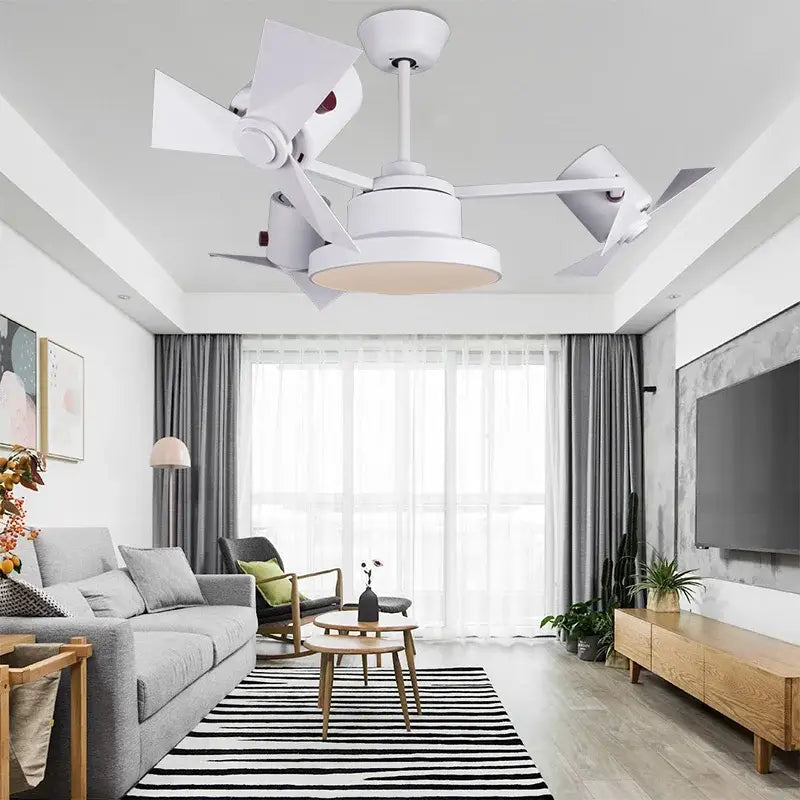 White ceiling fan lamp with four blades and integrated lighting for bedroom use in european bronze style