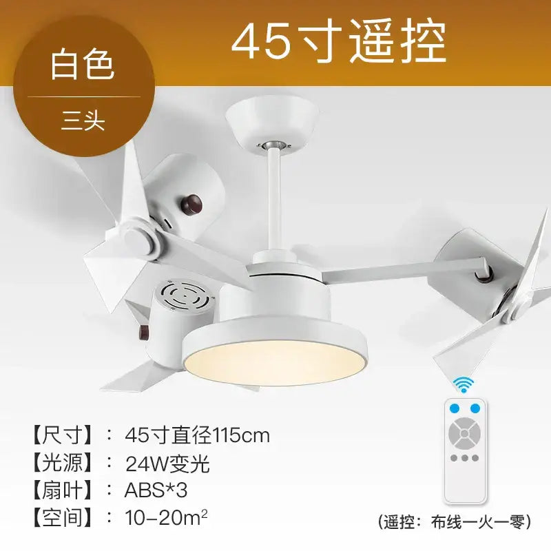 White 45-inch remote-controlled ceiling fan lamp with three ABS blades and integrated lighting for bedroom use