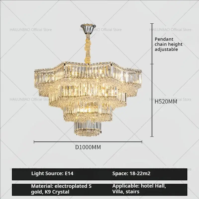 European chrome multi tier light crystal chandelier with cascading k9 crystal bars and electroplated gold finish for elegant decorbites light interiors