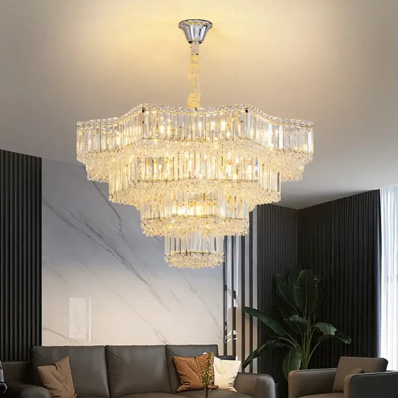 European chrome multi tier light crystal chandelier with cascading rectangular prisms for dining room decorbites light crystal