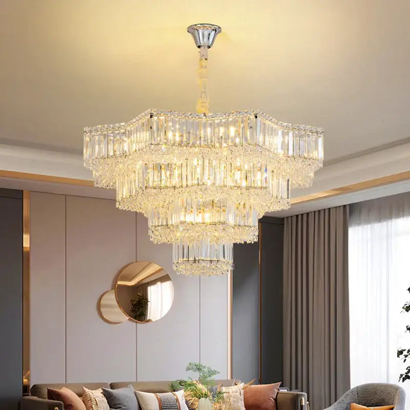 European chrome multi tier light crystal chandelier with cascading prisms for dining room decorbites light crystal