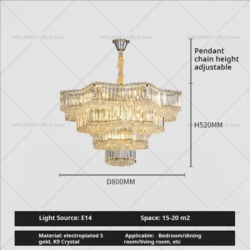 European chrome multi tier light crystal chandelier with electroplated gold finish and adjustable pendant chain height for dining room decorbites light crystal
