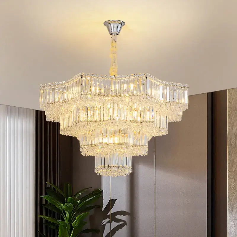 European chrome multi tier light crystal chandelier with cascading rectangular prisms for dining room decorbites light crystal