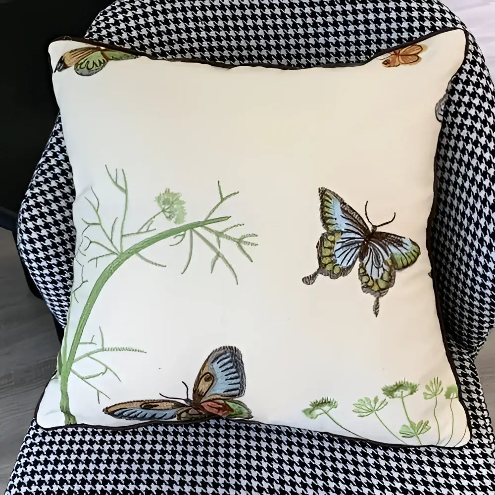Cream-colored european embroidered cushion cover with butterfly and dragonfly design for living room sofa