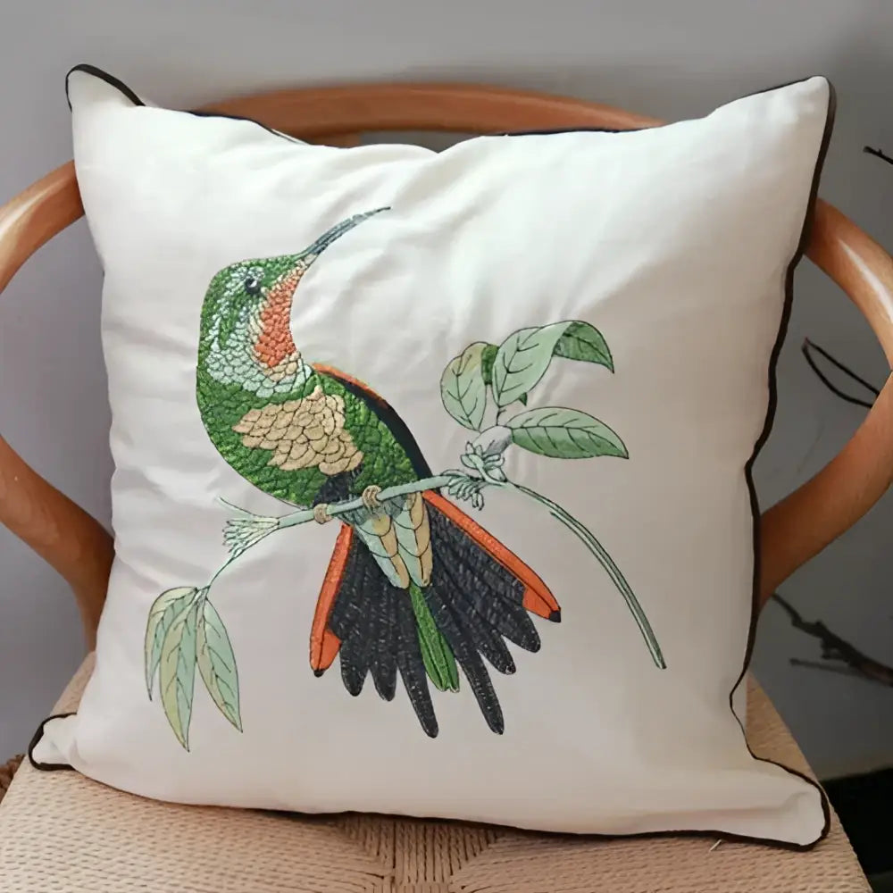 Cream-colored European embroidered sofa cushion cover featuring a detailed hummingbird design, ideal as a dragonfly sofa cushion cover