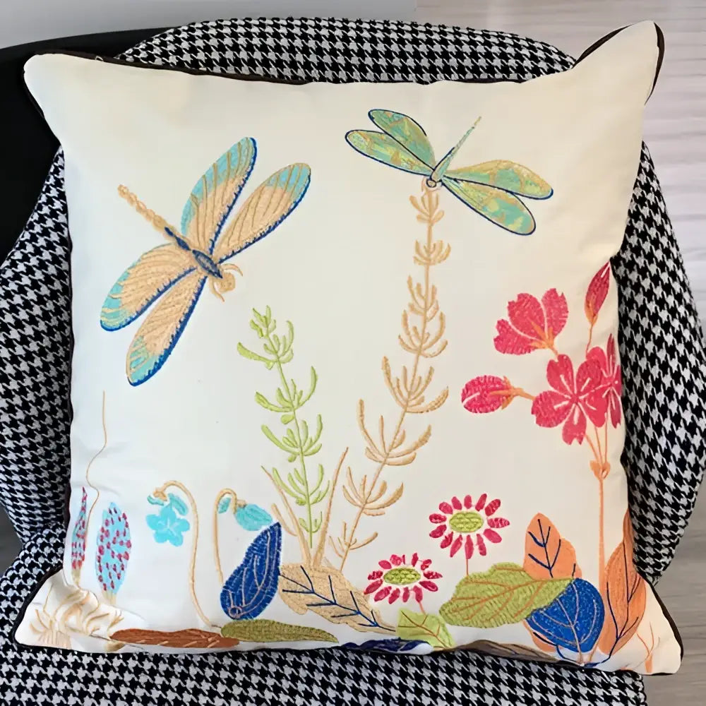 Cream-colored European embroidered dragonfly sofa cushion cover with vibrant blue green pink and gold floral patterns