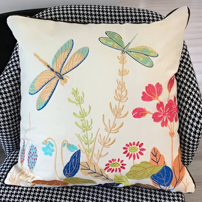 Cream-colored European embroidered dragonfly sofa cushion cover with vibrant blue green pink and gold floral patterns
