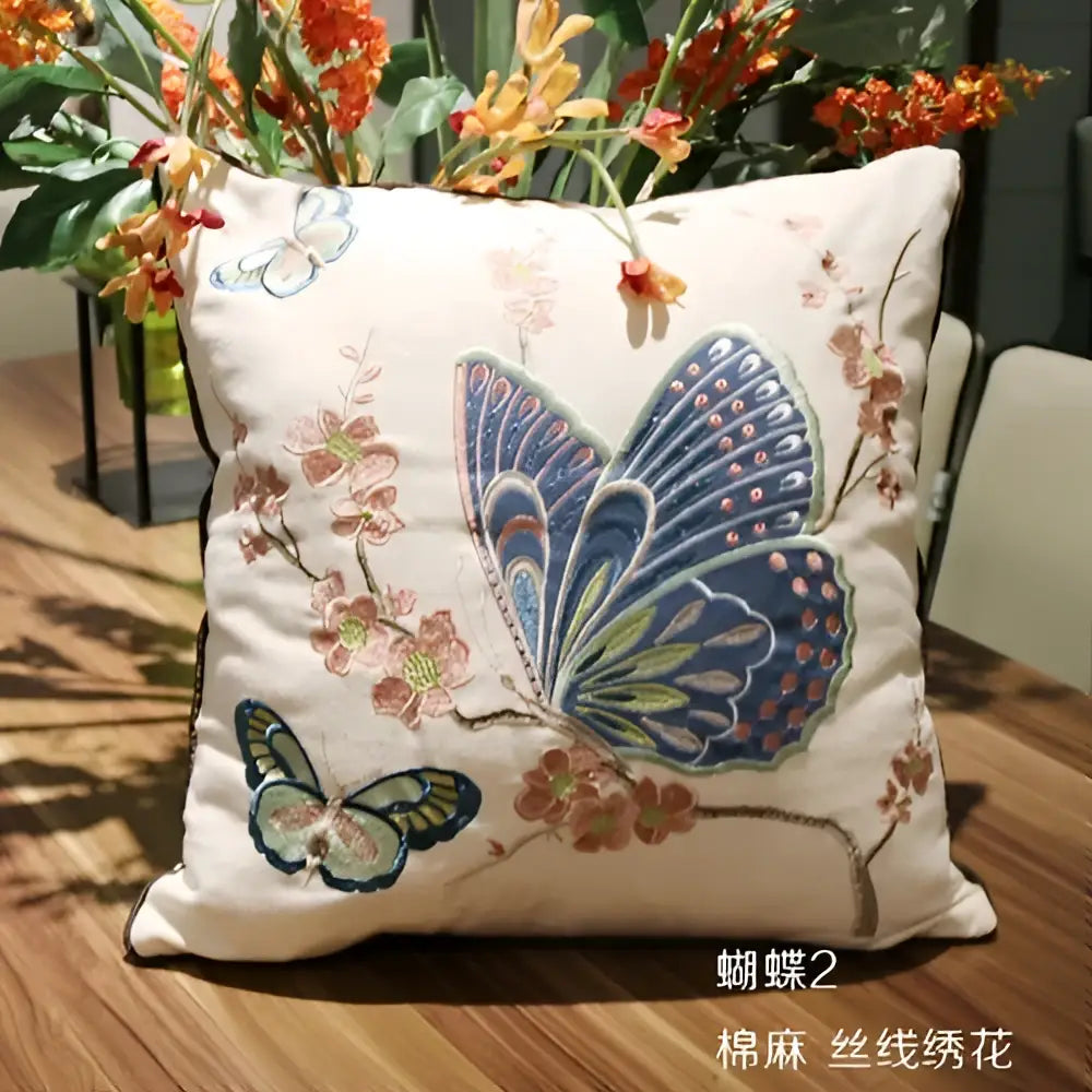 Cream-colored european embroidered cushion cover with blue butterfly and blossom design for living room sofa cushion cover