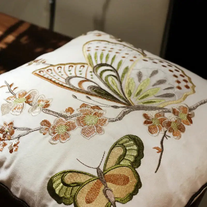 Cream-colored European embroidered cushion cover with butterfly and dragonfly designs for living room sofa cushions