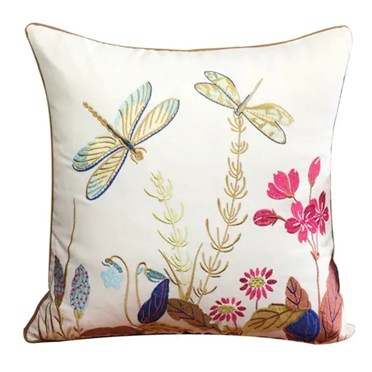 Cream-colored European cushion cover with embroidered dragonfly sofa cushion design in vibrant floral patterns for living room