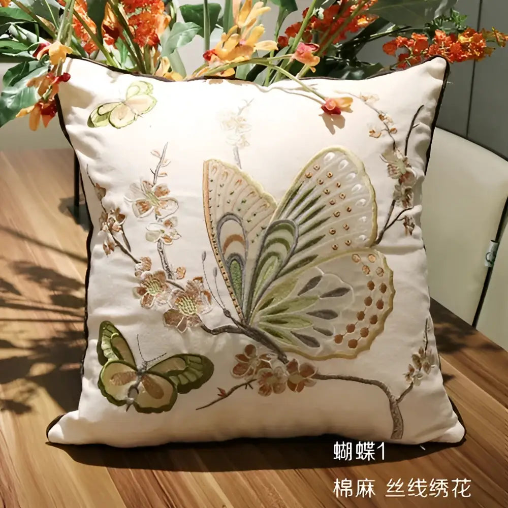 Cream-colored European embroidered dragonfly sofa cushion cover with intricate green gold and brown butterfly floral patterns