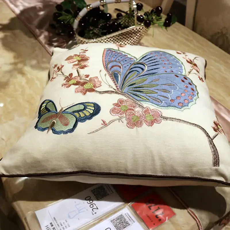 Cream-colored European embroidered cushion cover with blue and green butterfly and dragonfly sofa cushion design for living room