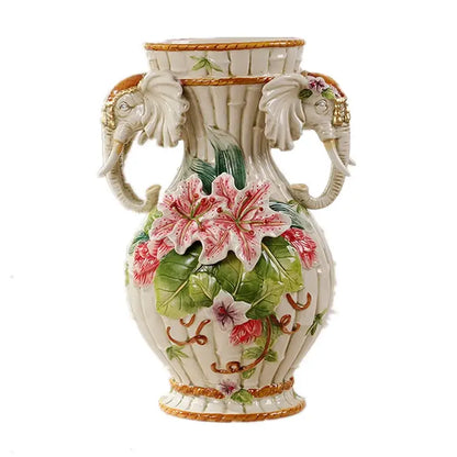 Ornate white ceramic elephant vase with sculpted handles pink lilies and gold trim decorbites elephant vase for living room decor
