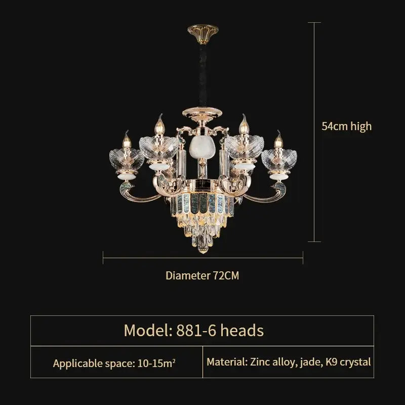 Elegant 6-head European gold and teal crystal dining room chandelier with gold-toned zinc alloy frame and k9 crystal droplets