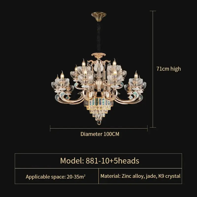 Elegant 71cm-high european gold and teal crystal dining room chandelier with gold zinc alloy arms jade accents and k9 crystal flowers